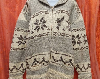 HANDMADE "The Dude" The Big LEBOWSKI/Coen Brothers COWICHAN Zip-Up Snowflake Chunky Knit Sweater w/ Two Front Pockets- Size Medium/Large