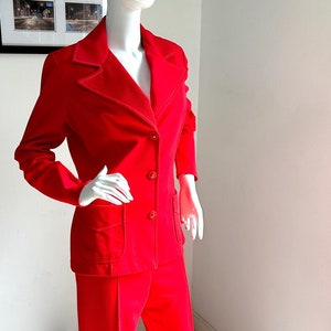 STUNNING 2 Piece - RED HOT 1970s Polyester Suit - Jacket and Trouser Set, Size Medium