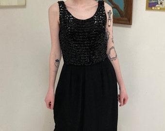 Vintage 1960s LBD!!  BLACK sequins top COCKTAIL dress - classy sexy size Small