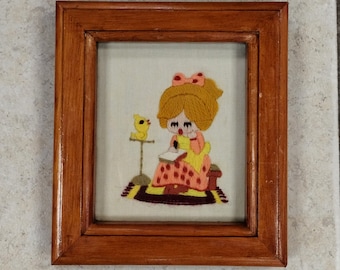 VINTAGE 1970's Little Girl /w Bird TEXTILE Wall ART