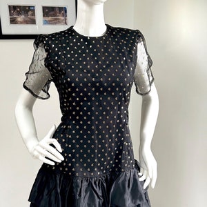 Vintage 1980s Little Black Dress with GOLD Sparkle thread Polka Dots POOFY New Wave PARTY Dress size Small