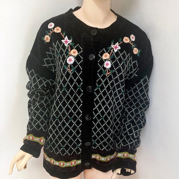 VINTAGE 1980s CHENILLE Cardigan with flowers and diamonds size Large