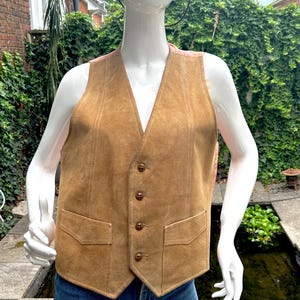 Vintage 1970s GENUINE LEATHER brand SUEDE 4 Buttons Vest with Satin back Size Medium