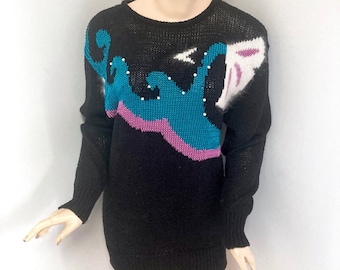 VINTAGE 1980s ABSTRACT pullover sweater with pearl beads size Small