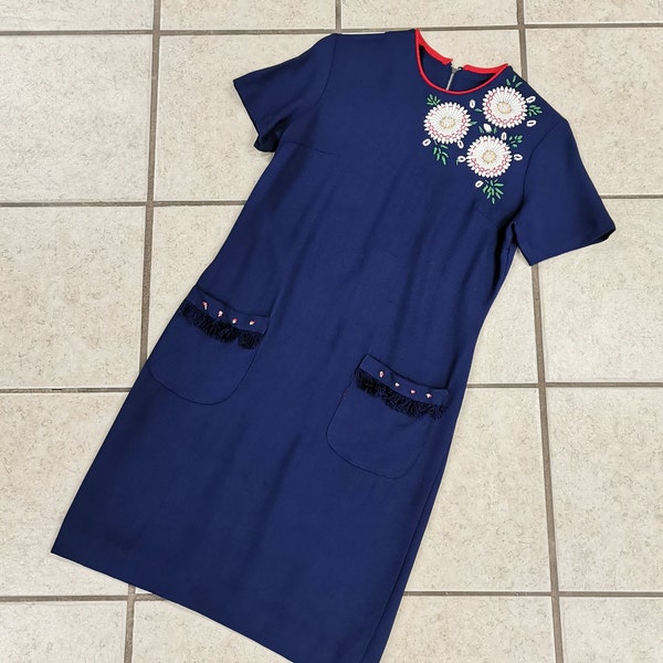 GORGEOUS Vintage 1970's MOD Looking Frock With EMBROIDERED Flowers And Gem Details - Size Medium
