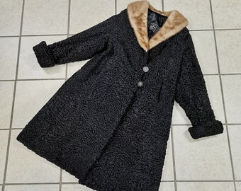 VINTAGE 1940&#39;s/1950&#39;s PERSIAN Lamb Trench /w Real MINK Fur Collar Leon Furs Made In Hamilton Ontario - Size Large