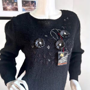 DEAD STOCK 1980s Black WOOLY Pullover Sweater /w Beading Appliqués Size Medium