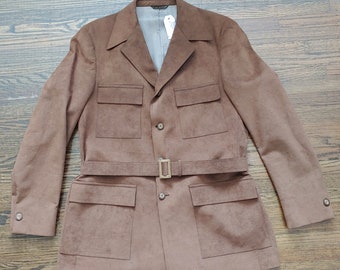 HALSTON 1970s/80s Chocolate Brown ULTRASUEDE Safari Style Jacket Blazer Coat w/ Silver Lining & Belt- Size Medium/Large