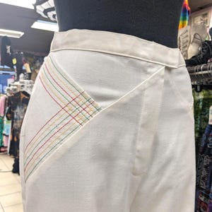1970s THERMO JAC White Cotton-poly Flares w/ Red, Green, Yellow Embroidery, w/ Original Tag, Size 32&quot;