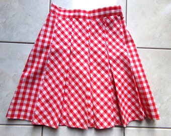 VINTAGE 1960s/70s FALDA plisada de cintura alta roja y blanca Gingham TEEN