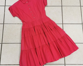 BRIGHT 1940&#39;s/1950&#39;s RED Patio DRESS /w Gem Buttons Size Medium