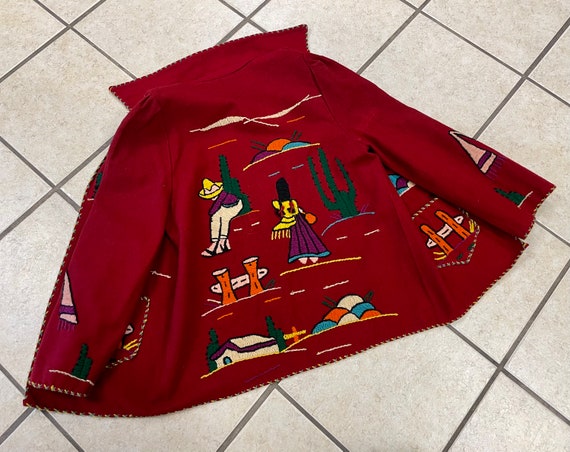 HANDMADE Red Wool MEXICAN FOLK Jacket with Adorab… - image 9