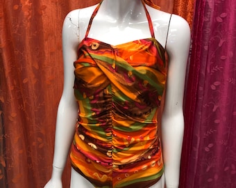 AUTUMNUL Coloured 1980s High Cut HALTER Swimsuit with RUCHING Size Medium