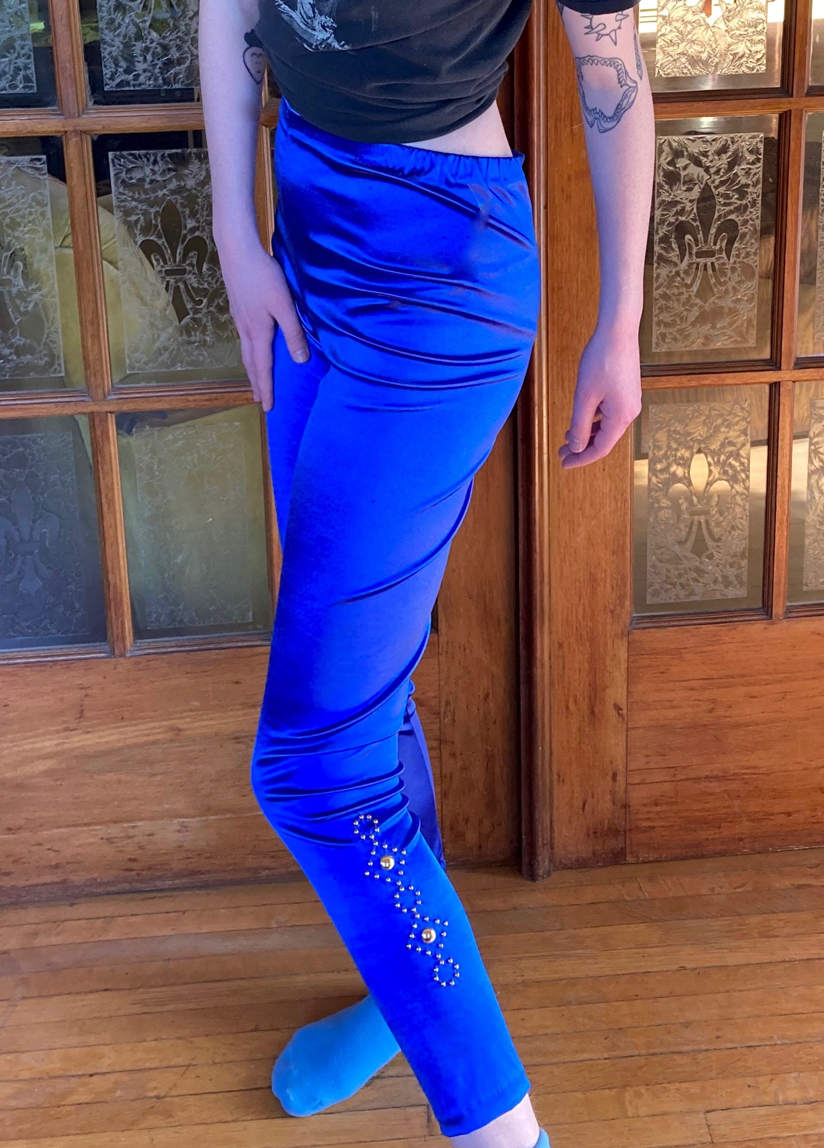 Vintage NWT 1980s ELECTRIC Blue Leggings w/Gold Studs size Etsy