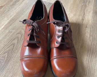 Dazzling Disco Vintage PLATFORM Heel Shoes Brown Leather Oxford 1970's Size 8.5 Mens