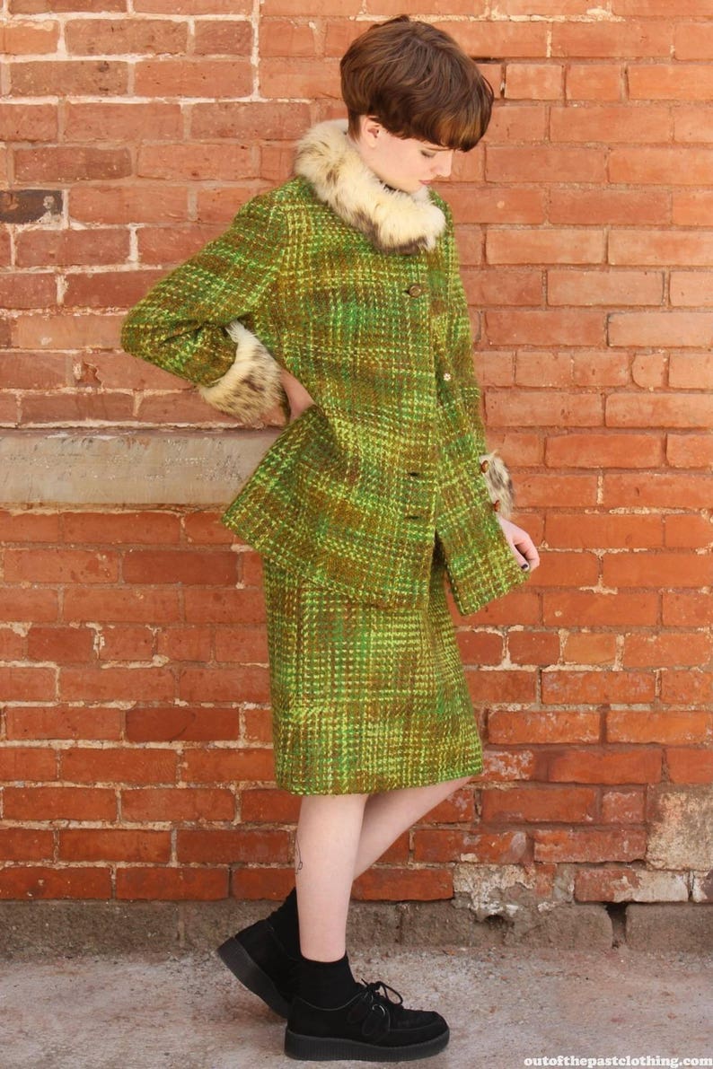 MOD Home Sewn Woven Wool and Fox Fur Vintage 1960s Two Piece Suit very JACKIE KENNEDY