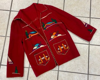 HANDMADE Red Wool MEXICAN FOLK Jacket with Adorable Scenic Stitching All Over 1940's/50's Size M