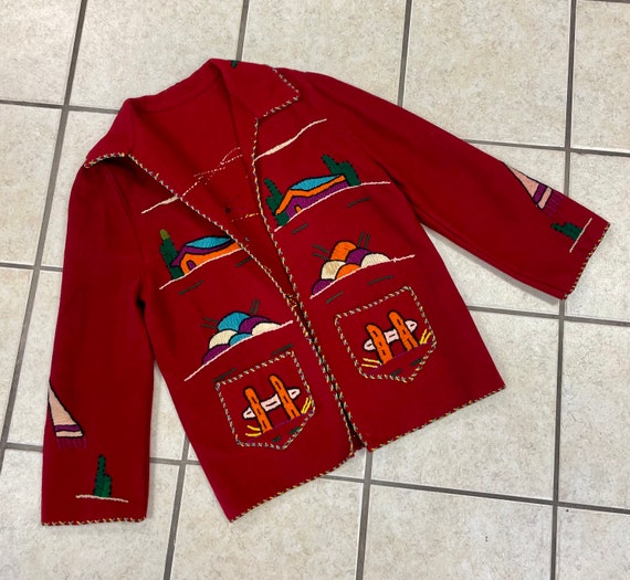 HANDMADE Red Wool MEXICAN FOLK Jacket with Adorab… - image 1