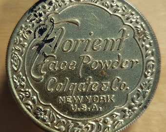 1920s Gold Toned "FLORIENT Face Powder Colgate & Co. New York U.S.A." Vintage Metal MAKEUP TIN w/ Filigree Border