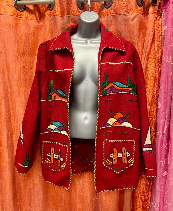 HANDMADE Red Wool MEXICAN FOLK Jacket with Adorab… - image 2