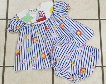 CUTE Awesome 1980's BEACH Scene And SAILBOAT Design 2 Piece Set Size 18MO