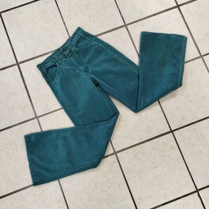 HIPPY 1970&#39;s vert/turquoise coton denim cloche bas taille 26&quot;