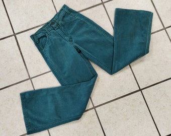 HIPPY 1970's vert/turquoise coton denim cloche bas taille 26"