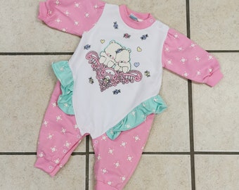 ADORABLE 80's "Bright Future" Pink/Mint TEDDY And HEARTS Design Frilly Jumper Size 6-9MO