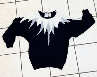 Fantastic VINTAGE 80s Abstract Sparkly Black and silver HOLIDAY SWEATER Nordic Scandinavian Icelandic style - Size S