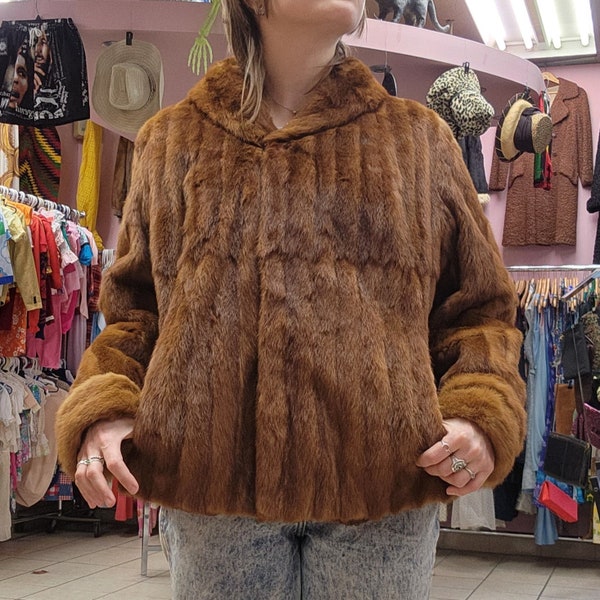 CLASSIC 1960s M.C.M. Caramel Coloured Short Real Mink Fur Jacket Coat w/ 2 Outer Pockets, 1 Inner Pocket, "MM" Embroidery- Size Small/Medium