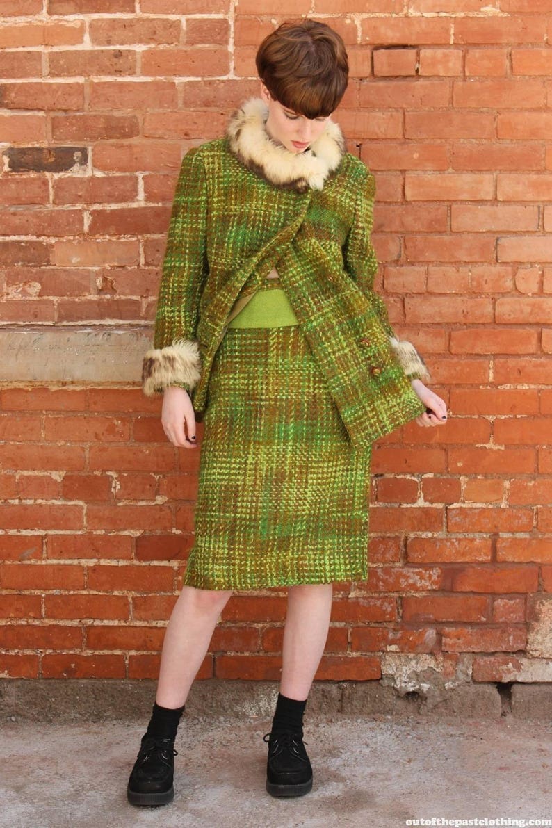 MOD Home Sewn Woven Wool and Fox Fur Vintage 1960s Two Piece Suit very JACKIE KENNEDY