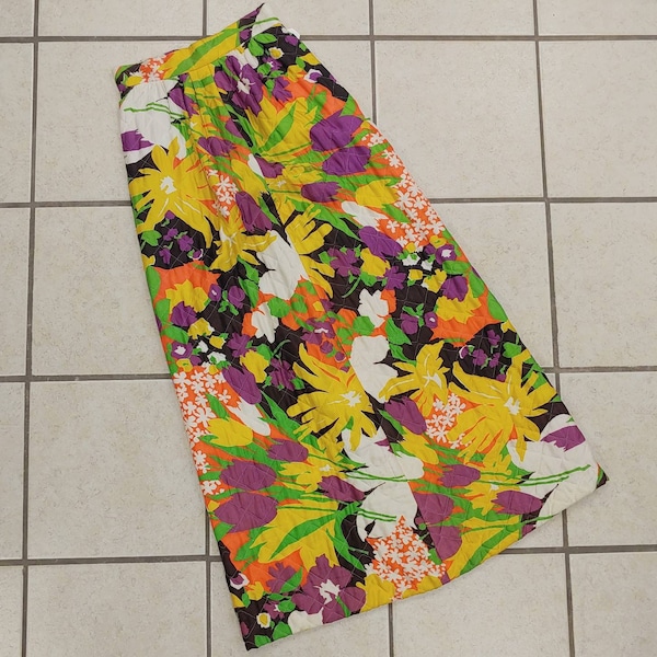 1970s TECHNICOLOUR QUILTED FLORAL Maxi Skirt by "Century of Boston" w/ Orange Green Purple Yellow & White- Size Extra Small/Small