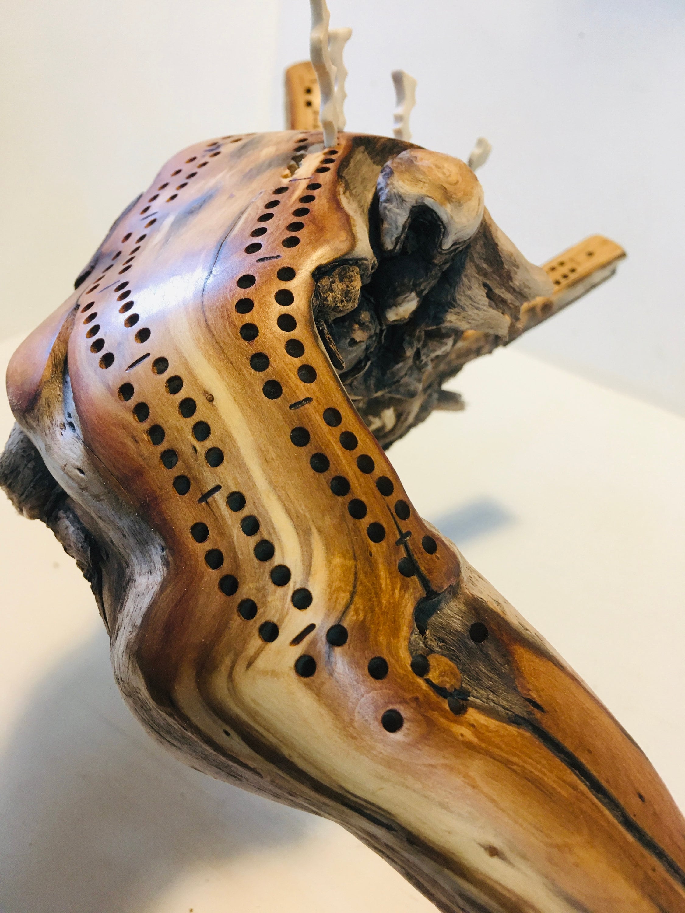 Driftwood Cribbage Board Game, Sculpted Alder Wood, Moose Antler Pegs