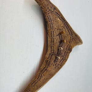 Cribbage board game, sculpted beach wood, 2 track, handcrafted scoring pegs, leather pouch, one of a kind, orca shape