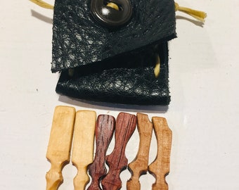 Handmade cribbage pegs set of 6 mahogany alder yellow cedar woods up cycled leather pouch standard 1/8” hole size