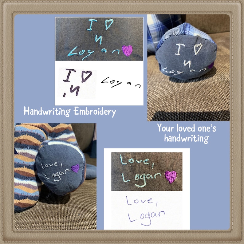 May include: A collage showing custom embroidery on fabric, featuring handwritten messages like I heart U Logan and Love, Logan. The embroidery uses blue, white, and purple thread on dark fabric patches, replicating original handwritten notes.