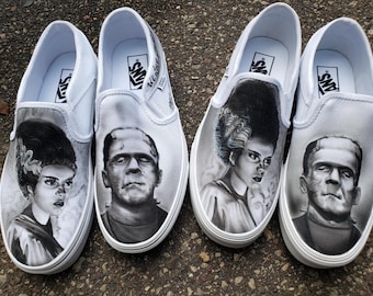 Monster Match: Frankenstein’s Monster and Bride Custom Vans | Horror Fan Art Sneakers | Halloween Gift