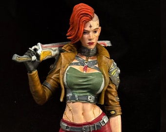 May include: A red-haired female action figure with a cyberpunk aesthetic. She is wearing a brown leather jacket, red pants, and black boots. She is holding a sword in one hand and a gun in the other. The figure is standing on a base with a cyberpunk design. The base has the word "Cyberpunk" written on it.