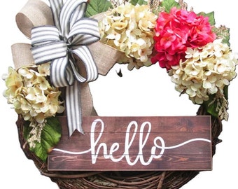 Grapevine Hydrangea Hello Wreath,Summer Wreath, Year Around Door Wreath, Farm House Wreath, Rustic Wreath, Country Wreath, Front Door Wreath