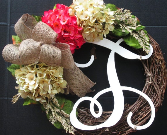 Grapevine Hydrangea Initial Wreath For Front Door Initial Wreath Grapevine Initial Wreath Front Door Wreath Summer Wreath Door Wreath