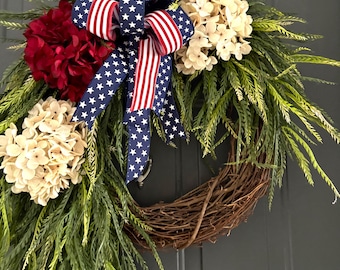 Patriotic Hydrangea Grapevine Wreath, American Flag Bow, 4th of July Decor