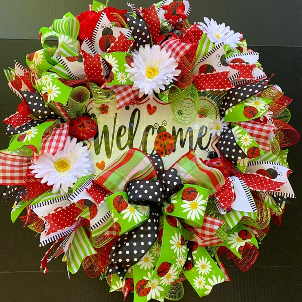 Summer Welcome Wreath for Front Door, Summer Welcome Ladybug Wreath, Summer Welcome Wreath, Ladybug Wreath, Ladybug Door Wreath, Wreath