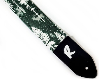 White Trees on Green Guitar Strap-Deer Elk Moose Forest Guitar Strap-Pine Tree Guitar Strap-Double Padded - Fits Electric Base and Acoustic