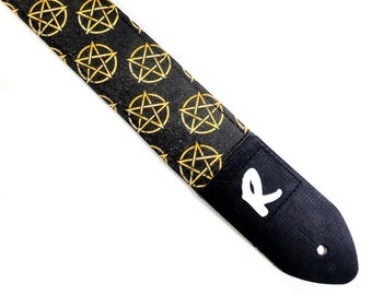 Pentagram Guitar Strap -  Yellow Star Guitar Strap - Wiccans Guitar Strap -