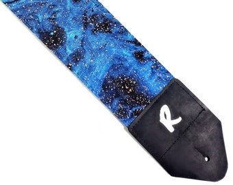 Correa de guitarra Blue Galaxy de 3 pulgadas con detalles dorados, ancho de 3 pulgadas, doble acolchado, compatible con guitarras eléctricas y acústicas.