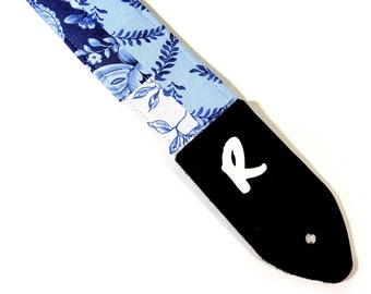 Blue Floral Patchwork Guitar Strap - Floral Blue Quilt Design Guitar Strap-Works for Electric Acoustic and Bass Guitars