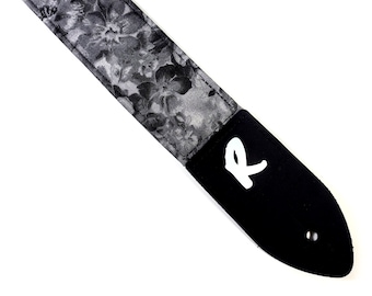 Black and Gray Flower Guitar Strap - Muted Flower Guitar Strap - Black Guitar Strap - Double Padded- Comfortable-