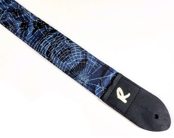 Blue Rose with Spider Web Guitar Strap - Web Guitar Strap- Blue Guitar Strap- Works for Electric Acoustic and Bass Guitars