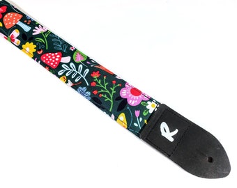 Funky Floral Guitar Strap - Colorful Mushroom Guitar Strap-Double Padded Comfortable Handmade Guitar Strap