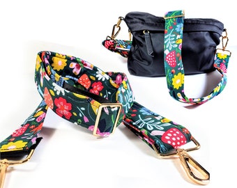 Cross Body Funky Floral Guitar Style Bag Strap - Floral with Mushrooms - Custom Hardware Color- Adjustable -Double Padded-Durable-